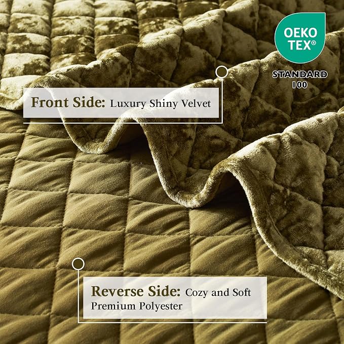 Cosybay Luxury Velvet Quilt Set Queen, Lightweight Oversized Bedspread Coverlet Quilted Box Stitch Bedding Set, with 2 Matching Pillow Shams, for All Season, Olive Green