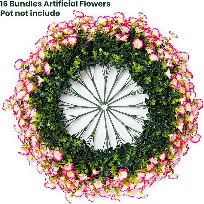 Nigirior Artificial Faux Flowers for Outdoor 16 Bundles Boxwood Fake Morning Glory for Planter,UV Resistant Fake Flowers for Home Porch Patio Outside（Pink）