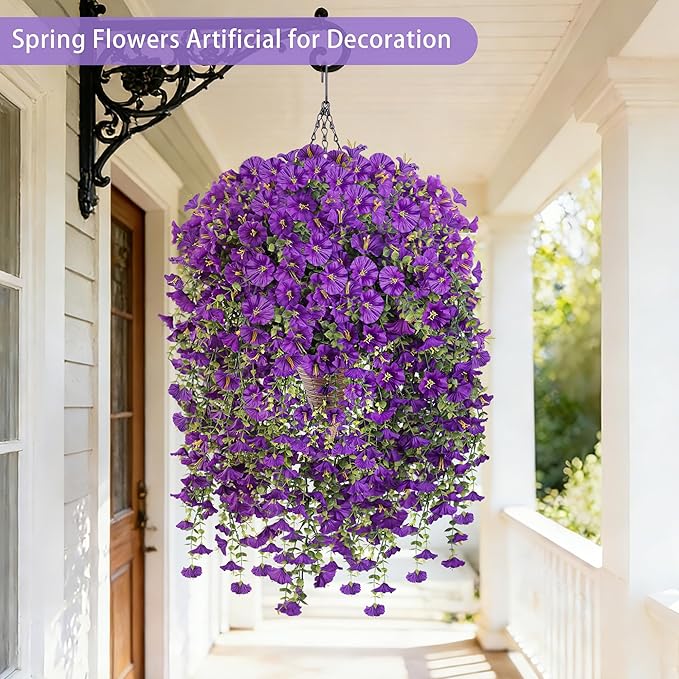 Artificial Hanging Flowers with Basket, 480 Blooms UV Resistant Faux Morning Glory Silk Plants, Fast & Easy Assembly Fake Hanging Baskets for Outdoor Porch Patio Garden Decor, Purple