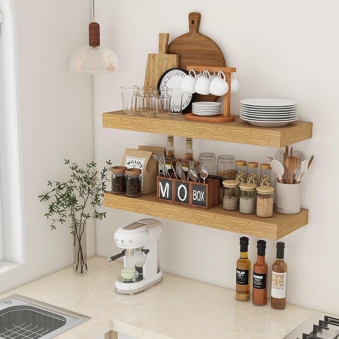 FLYJOE 36''x 12'' x 2'' Oak Floating Shelves Set of 2, 12 Inch Deep Oak Shelves for Wall, 36 Inches Long Rustic Farmhouse Style Shelves, Includes Metal Brackets & Hardware, 45Lbs Load Capacity