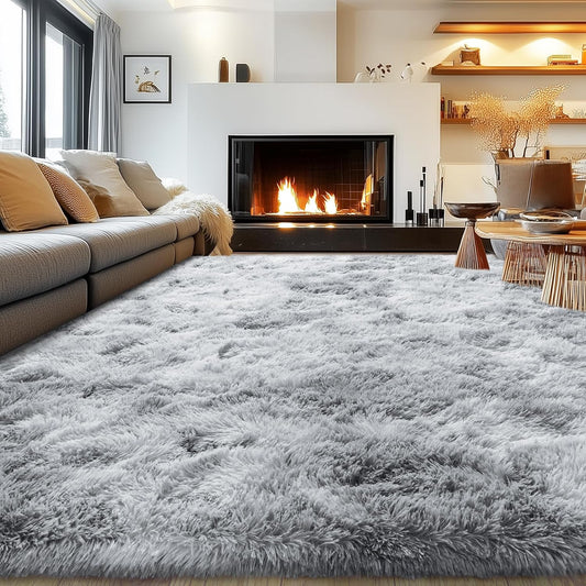 Rezutan Area Rugs 9x12 Living Room, Large Fluffy Rugs for Bedroom, Soft Carpet Shag Kids Room Rug,Fuzzy Rugs Indoor W/Non-Slip Bottom (Grey Tie-Dyed)