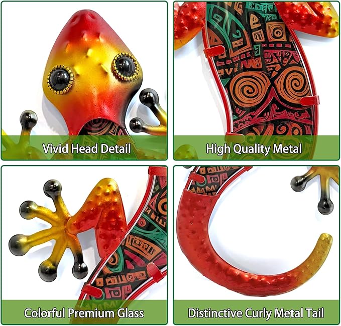 HONGLAND Lizard Wall Decor- 15 Inch Gecko Metal Wall Art Hanging Glass Sculpture, 2 Pack Yard Decorations Outdoor for Garden Fence Home