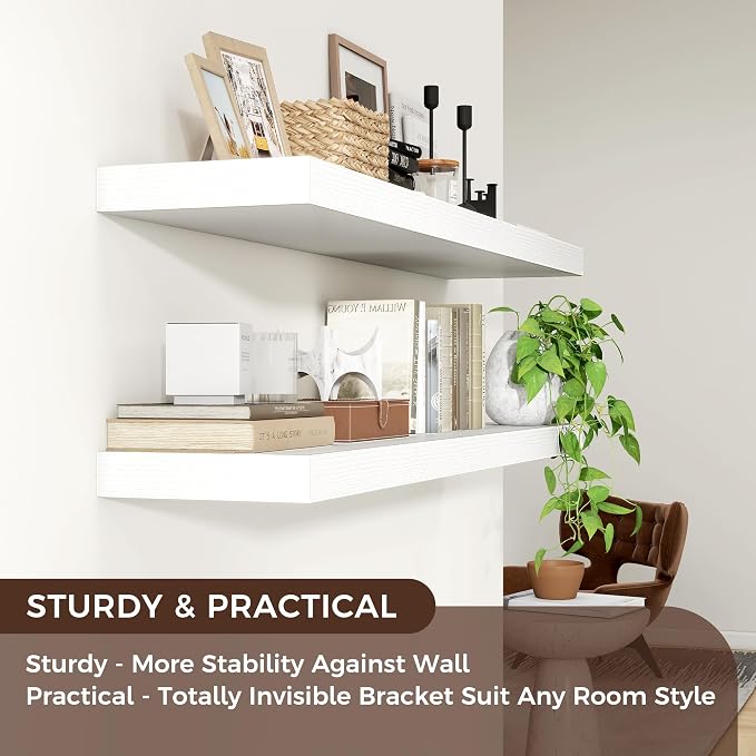 Venusmiles Floating Shelves for Wall 48 inch Long, Engineered Wood Wall Shelves with Invisible Brackets for Living Room Bedroom Bathroom Office Kitchen Decor and Storage, White Finish, Set of 2