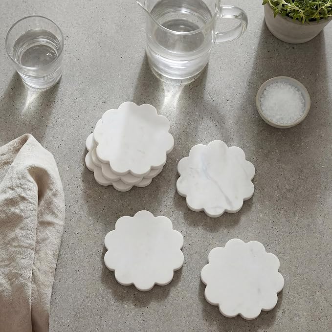 6 Piece Marble Coaster Set 4 x 4 Inch Natural Stone Coasters Scalloped Calacatta White Stone, Luxury Home Decoration, Drink Coasters for Coffee Table, Desk, Bar, Elegant Tabletop Accessories