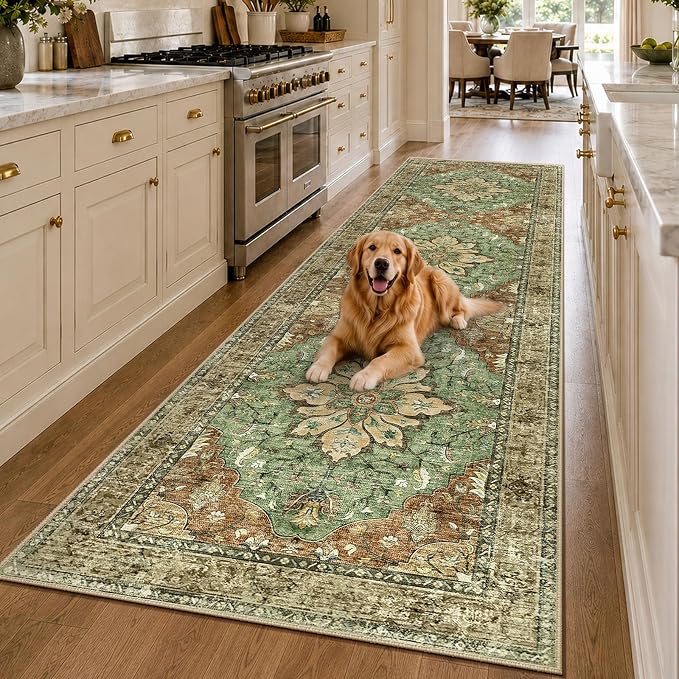 RELEANY Area Rugs Runner 3'x10' Washable Non-Slip, Floral Vintage Distress Medallion Carpet for Kitchen Hallway Bedroom Beside Laundry Room Bathroom, Terracotta Burnt Orange Green