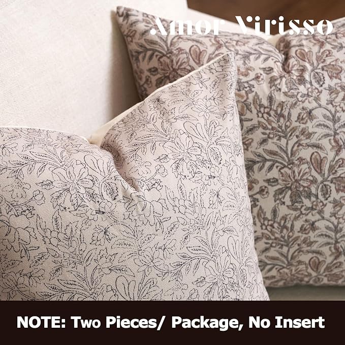 Amor Virisso Floral Throw Pillow Covers 20x20 Set of 2 Vintage Block Print Pillow Covers Decorative Pillow Covers Couch Pillows for Living Room Farmhouse Accent Sofa Pillows, Black/Sand
