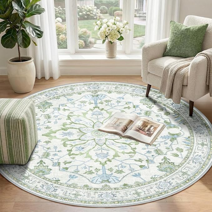 RELEANY Area Rugs Round 4ft Washable Non-Slip, Floral Vintage Distress Print Pattern Medallion Carpet for Living Room Bedroom Dining Room, Green White Blue