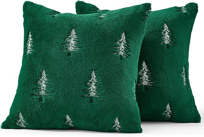 MIULEE Christmas Decorative Pillow Covers Set of 2 Faux Fur Throw Pillows with Embroidered Christmas Tree 18x18 Inch Green White Winter Couch Covers for Festival Sofa Bedroom Living Room Home Decor