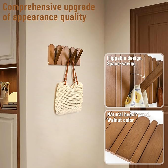 Wooden Coat Rack for Wall: Modern Piano 4 Hooks Wall Mounted Heavy Duty for Small Spaces Entryway Hallway Bathroom for Hanging Jacket Towel Backpack