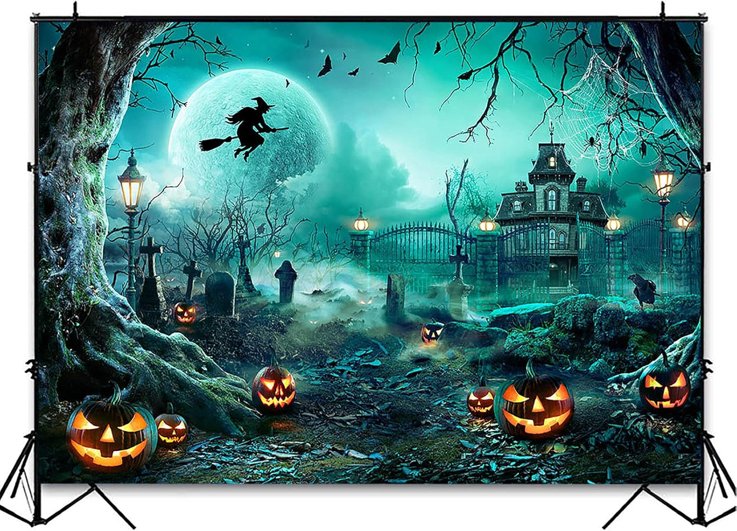 Avezano Halloween Photography Backdrop Full Moon Scary Night Castle Pumpkins Party Background Spooky Witch Bats Cemetery Child Kids Halloween Party Decorations Photoshoot Backdrops (7x5ft, Green)