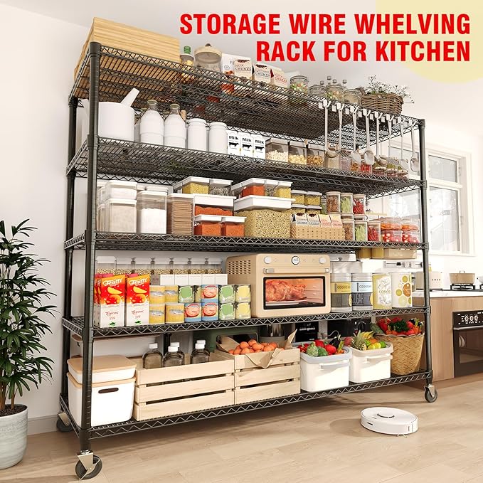Garvee 5-Tier Metal Shelving with Wheels, Heavy Duty Rolling Storage Shelves 3300LBS Loads, Adjustable Wire Rack Shelving Unit for Garage Kitchen Pantry Commerial, 82" H x 59" W x 23.6" D, Black ﻿ ﻿