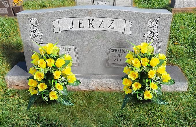 LVXINLI 2 Sets Artificial Cemetery Flowers,Outdoor Grave Decorations Roses,Beautiful Arrangements Bouquet with Cemetery Vase,Lasting and Non-Bleed Colors (Yellow)