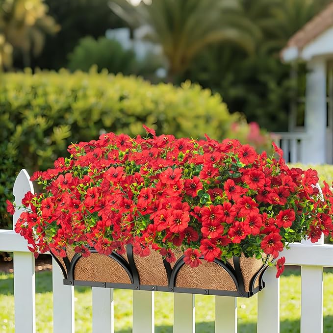 Grunyia 20 Bundles Artificial Flowers for Outdoors, UV Resistant Fake Plants Flowers Greenery Shrubs Plants for Decoration Outside Plants Hanging Planter Home Garden Decor (Red)