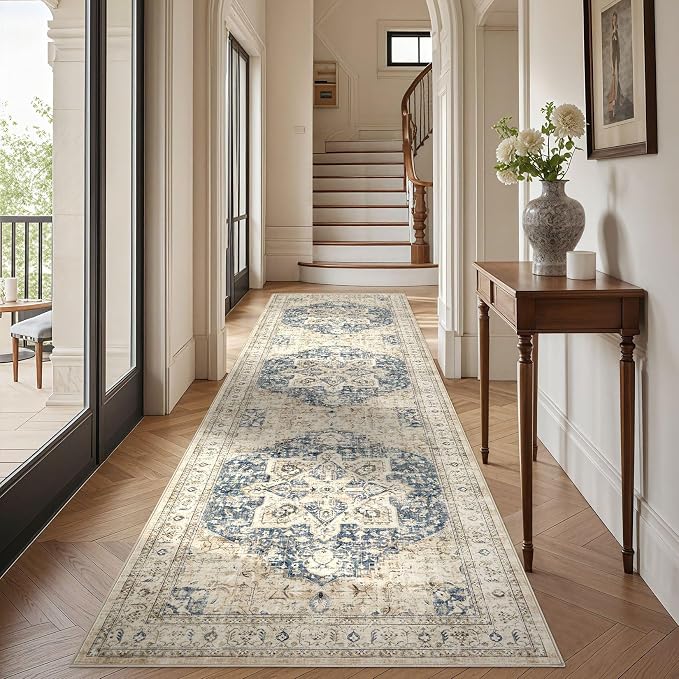 Tortania Area Rug 3x10 Runner Rugs - Washable Vintage Oriental Farmhouse Thin Indoor Carpet for Living Room Bedroom Hallway Entryway Kitchen Under Dining Table Home Office - Cream/Blue