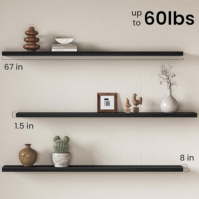 Fun Memories 67Inch Long Floating Shelves, 8 Inch Deep Shelves for Bedroom|Living Room, Wall Mounted Wood Hanging Shelf with Invisible Brackets for Fireplace Mantel Home Storage Decor, Black - 2 Pack