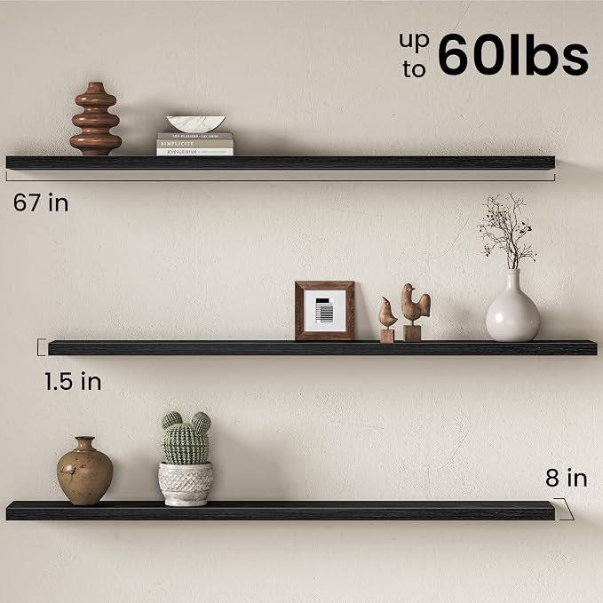Fun Memories 67 Inch Floating Shelves for Wall, 8 Inch Deep Wall Mounted Wood Shelves with Invisible Brackets for Bathroom, Bedroom & Kitchen Storage Decor, Black, 1 Pack