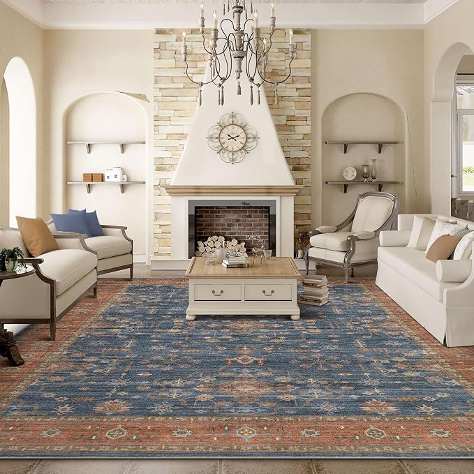 7x9 Area Rug for Living Room- Machine Washable Soft Oriental Vintage Large Indoor Floor Carpet for Bedroom Under Dining Table Home Office Decor - Blue Terracotta