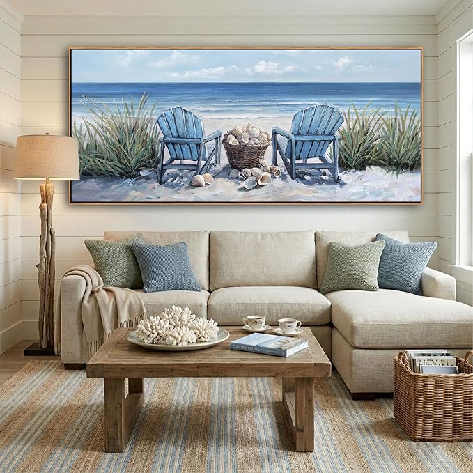 HGUAOA Coastal Wall Art - Large Landscape Wall Pictures for Living Room, Bedroom Pictures, Ocean Beach Artwork, Blue Above Bed Decor, Coastal Landscape Wall Art,Framed Beach Pinting