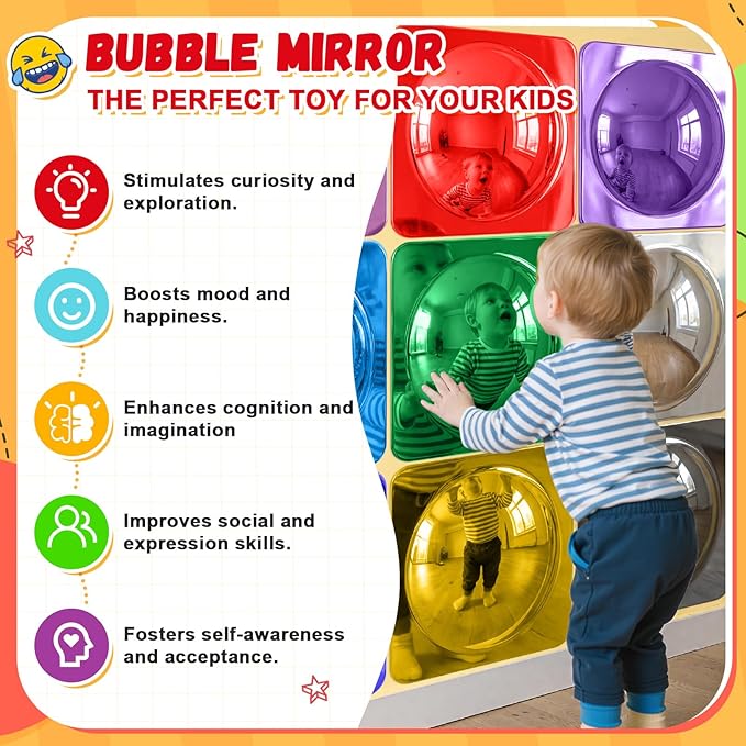 Geiserailie 9 Pcs Sensory Wall Mirror Acrylic Bubble Mirror Toys for Calming Corner Items - Sensory Room Have Visual, Tactile Stimulation (10 x 10 Inch,Multicolor)
