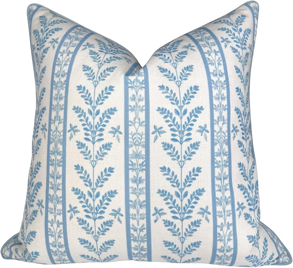 Jillien Harbor “The Louis” Blue Floral Block Print Pillow Cover – Decorative Throw Pillow Cover with Off-White Background – Grandmillennial Home Decor, 20" x 20"