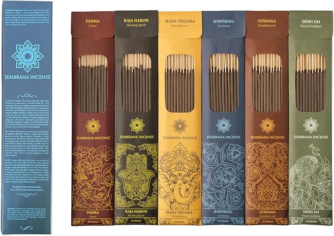 Bali Soap Jembrana Incense Sticks - Variety Pack 6 Scents (144 Sticks Total, 24 Sticks Each) of Lotus (Padma), Sandalwood, Gardenia, Maha Triloka, Raja Harum & Dewi Sai (Amber)
