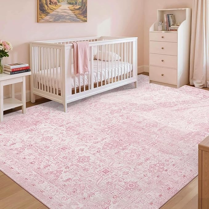 Rugxara Pink Rug for Living Room Bedroom, 5x7 Area Rugs Washable Vintage Floral Retro Boho Non Slip & Low Pile Nursery Carpet for Indoor Girls Kids Room, Classroom, Dorm, Playroom and Dining Room