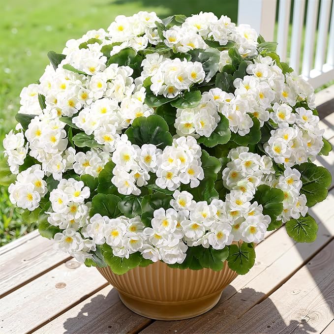 Alupssuc 16Pcs Artificial Geranium Flowers for Outdoors Decoration Silk Floral, UV Resistant Fake Plants, Faux Flower for Porch Garden Table Centerpieces Home Indoor Outside Spring Decor(8, White)