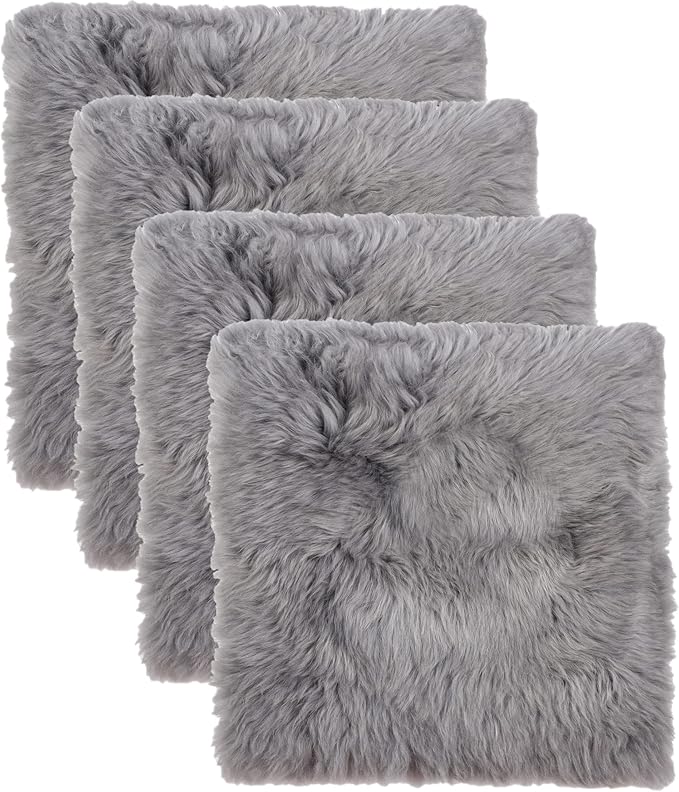 Set of 4, Natural Sheepskin Chairpad with Non-Slip Backing | 100% Real New Zealand Wool Sheepskin for Car Seat, Accent Chair, or Vanity Chair, Grey