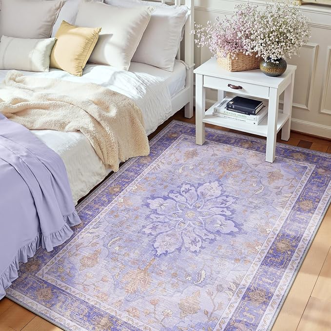 RELEANY Area Rugs 3'x4' Washable Non-Slip, Floral Vintage Distress Print Pattern Medallion Carpet for Living Room Bedroom Dining Room, Light Purple Brown