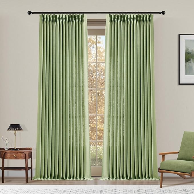 Sage Green Pinch Pleated Linen Curtains 96 Inches Long for Living Room, Light Filtering Pleat Drapes Textured Thick Ceiling Semi-Sheer Window Curtain with Hooks for Farmhouse Bedroom Balcony, 2 Panels