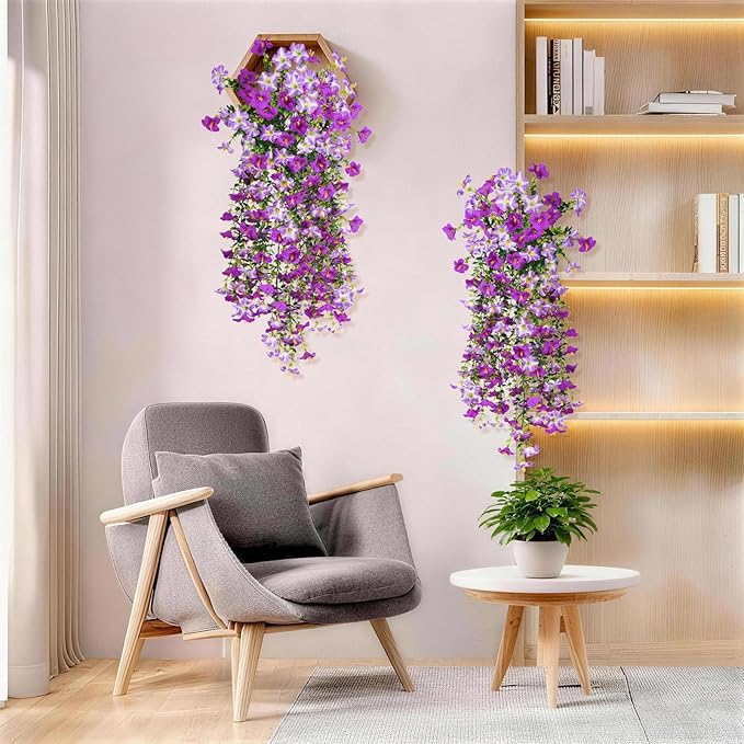 Artificial Fake Flowers Plants for Outdoor Spring Summer Decoration,2 PCS Faux Silk Morning Glory with Eucalyptus Leaves,UV Resistant Realistic Outdoor Flowers for Balcony Porch Patio Yard Garden