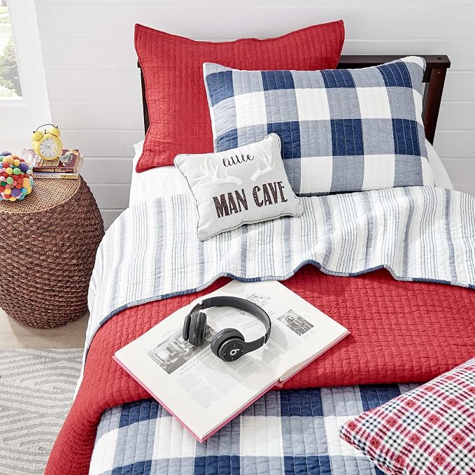 Levtex Home Cross Stitch Reversible Twin XL/Twin Quilt Set (68x86in) with 1 Pillow Sham (26x20in) - Stitch Texture - Chile Red - Cotton Twin/Twin Size Quilt Bedding Set - Lightweight Soft Pre-Washed