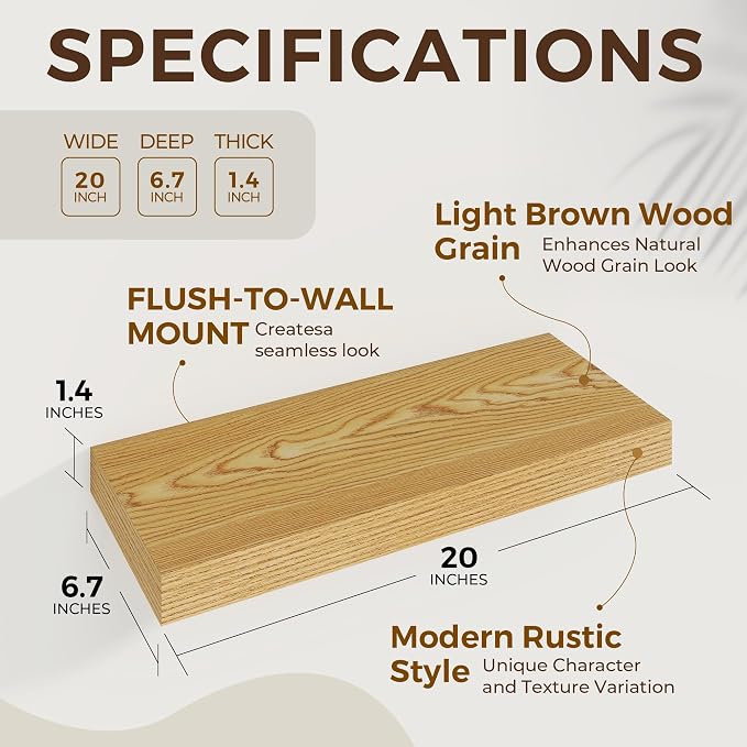 Dreamland 20Inch Floating Shelves for Wall 6.7" Deep Light Brown Set of 2 | Wall shelves for bathroom, bedroom, Living Room, kitchen, deep wall mount wood storage display for home decor 20" x 6.7"