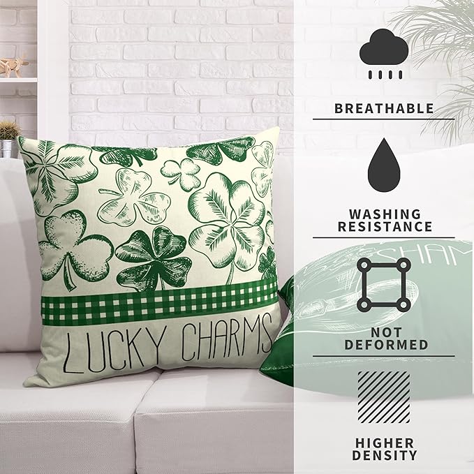 Set of 2 Saint Patrick's Day Pillow Covers Hello Shamrocks Lucky Charm Pillow Case 22x22 Green Clovers Hat Cushion Covers for Office Couch Bed Living Room Outdoor