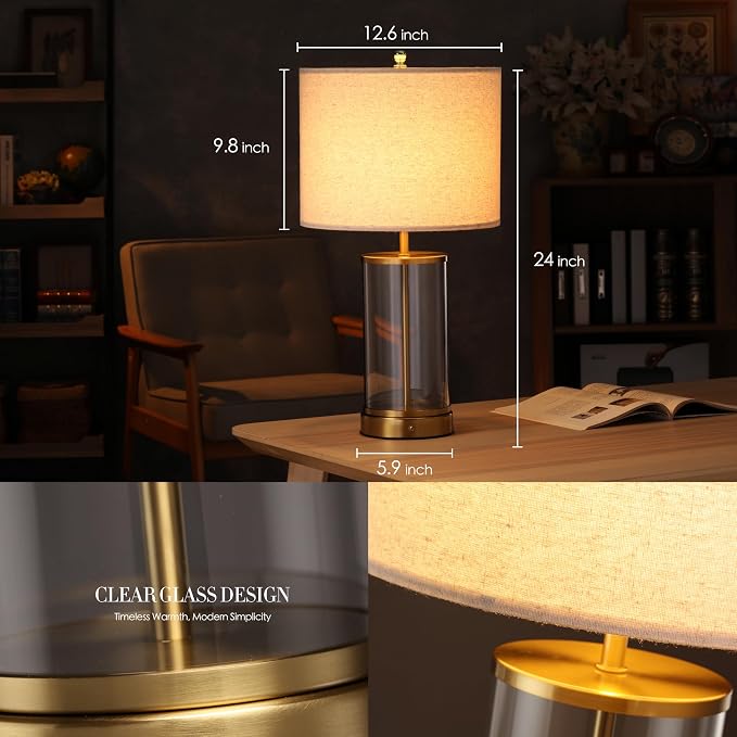 O’Bright Luma - Battery Powered Table Lamp, Cordless Glass Bedside Lamp with Rechargeable 10,000mAh Battery, Full Size 24 Inch Height, Touch Dimmer, Type-C Charging, Clear Glass Design, Antique Brass