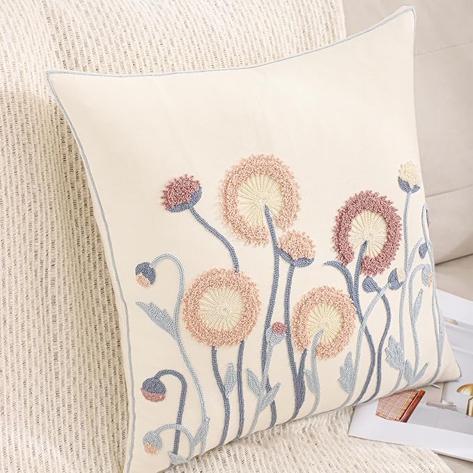 Embroidery Throw Pillow Covers 18x18 Set of 2 Vintage Blowball with Blue Leaves Farmhouse Pillow Cushion Case Decorative Pillowcases Square Rustic Floral Pillow Case Spring Summer Home Decor