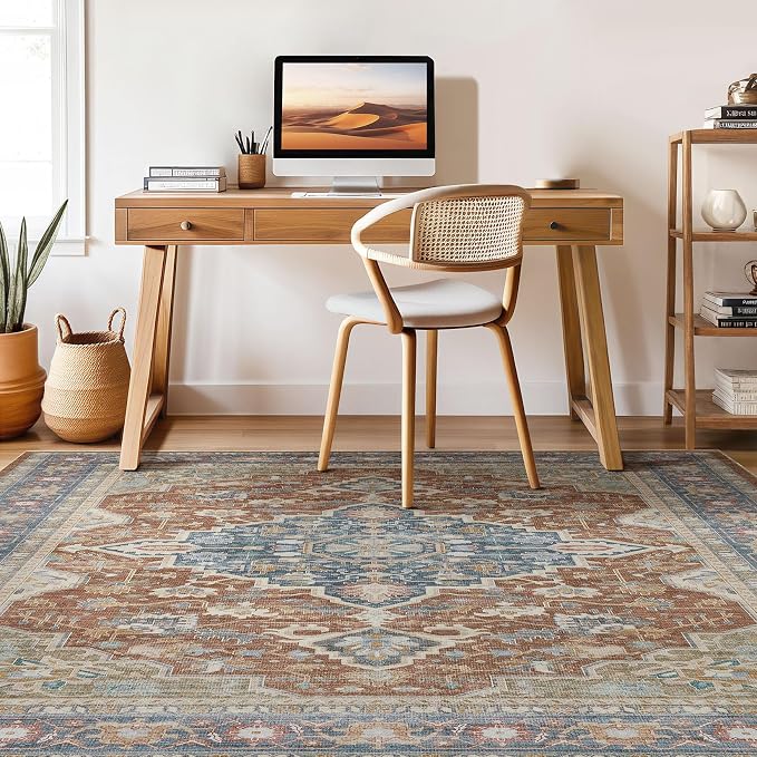 8x10 Area Rugs Living Room: Washable Boho Large Neutral Vintage Soft Rug Stain Resistant Farmhouse Non-Slip Indoor Floor Carpet for Bedroom Nursery Kids Playroom Office Dining Room- Red Multi