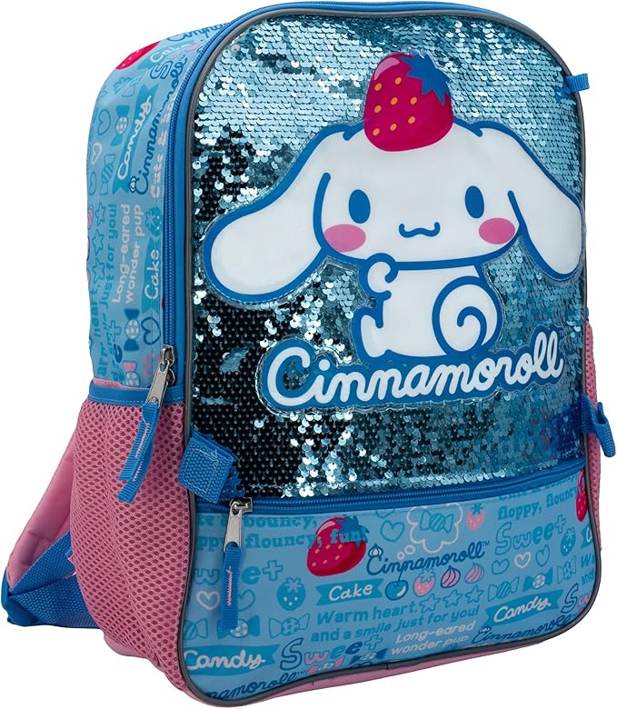 AI ACCESSORY INNOVATIONS Sanrio’s Cinnamoroll 5 Piece Backpack Set, Hello Kitty Kawaii Flip Sequin Girls School Bag with Front Zip Pocket, 2 Side Mesh Pockets, Blue