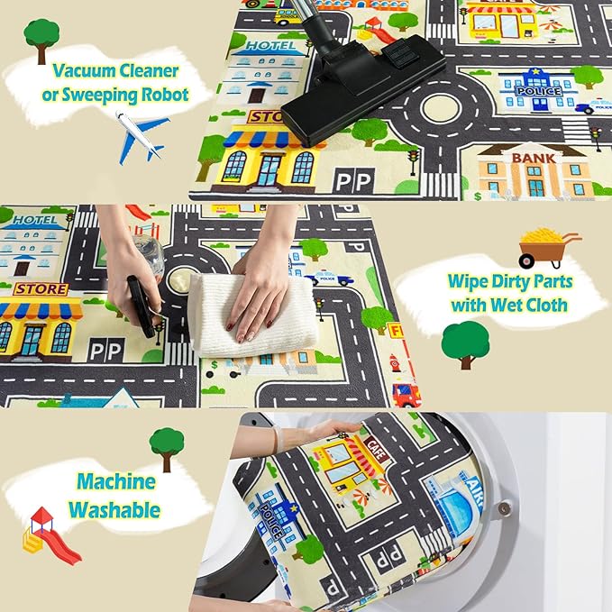 Car Rug Play Mat for Kids Toy Cars, City Road Traffic Playmat for Kid Bedroom, Non-Slip Machine Washable Kids Rugs for Learn and Have Fun 6'x9'/ 72"x108", Beige