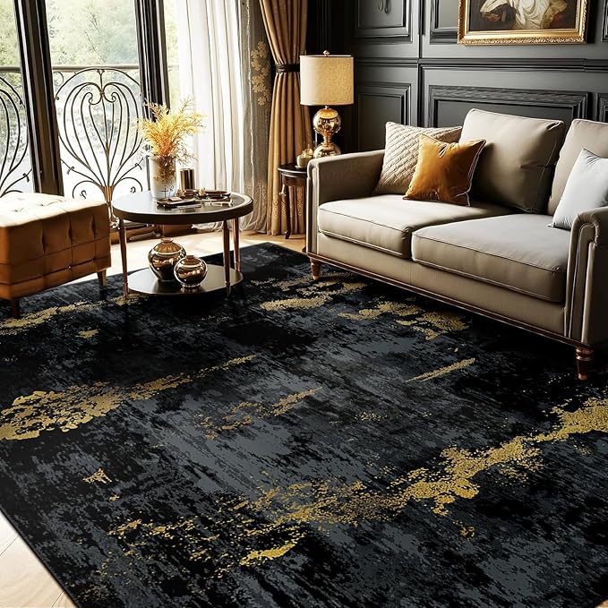 RELEANY Washable Area Rugs 6'x9' Non-Slip Modern Abstract Soft for Living Room Entryway Bedroom Nursery, Print Pattern, Dark Black Gold
