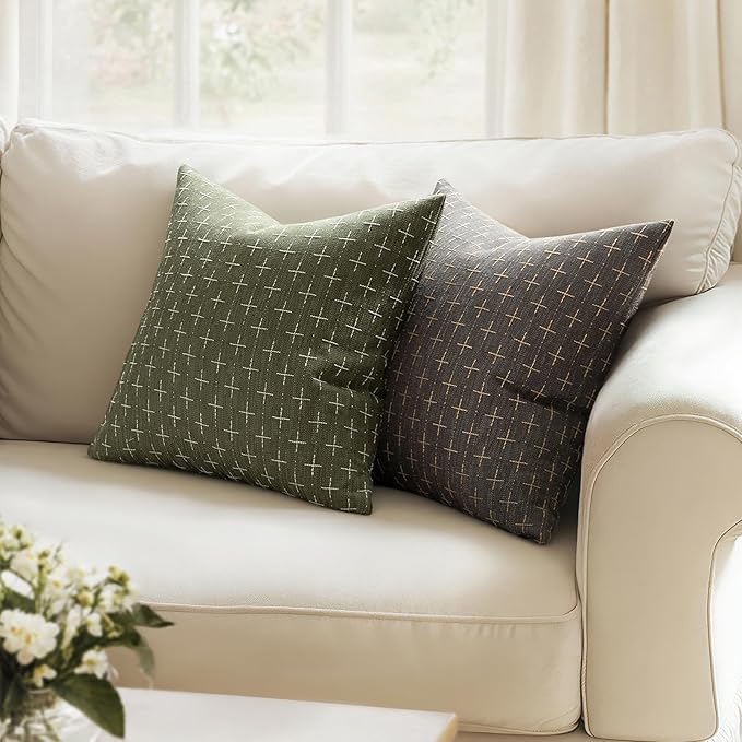 MIULEE Pack of 2 Vintage Decorative Burlap Linen Spring Throw Pillow Covers Modern Farmhouse Pillowcase Rustic Woven Textured Cushion Cover for Sofa Couch Bed 20x20 Inch Olive Green