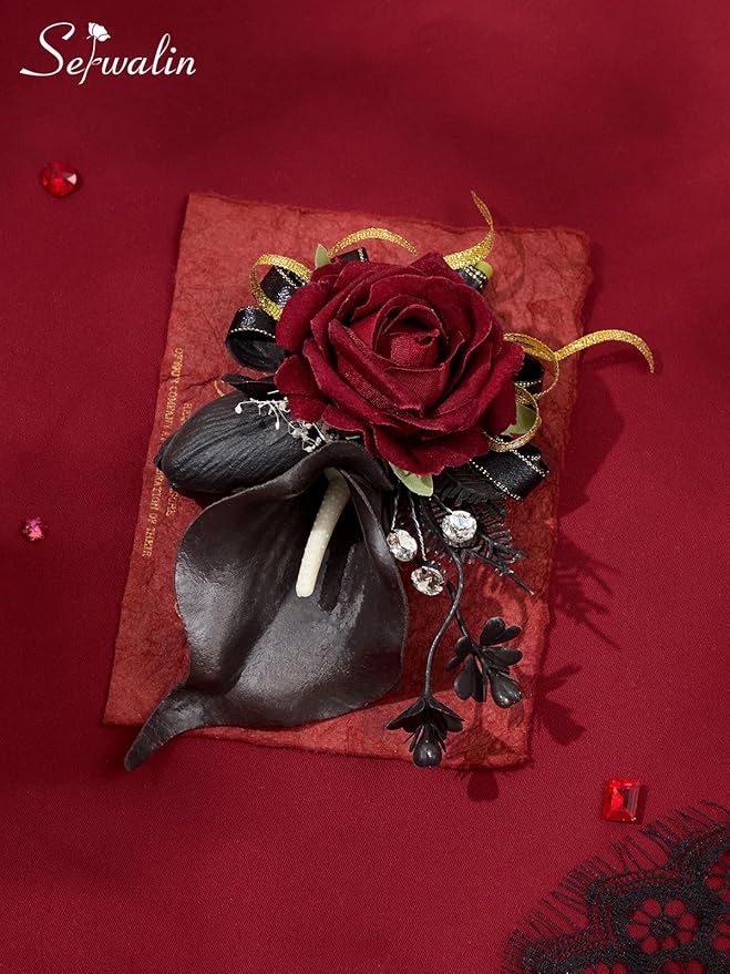 Serwalin Burgundy Prom Corsage and Boutonniere Set, Artificial Calla Lily Red Rose Wrist Corsage Wristlet for Homecoming, Formal Dance, Wedding Flowers Accessories Suit Decorations