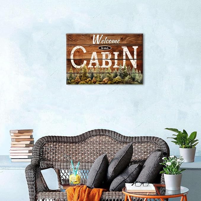 Vintage Cabin Wall Decor Brown Welcome to Ours Wall Art Rustic Cabin Decorations for Home Country Style Nature Forest Canvas Framed Artwork Living Room Bedroom Porch Entryway Lodge Decorative 16x24
