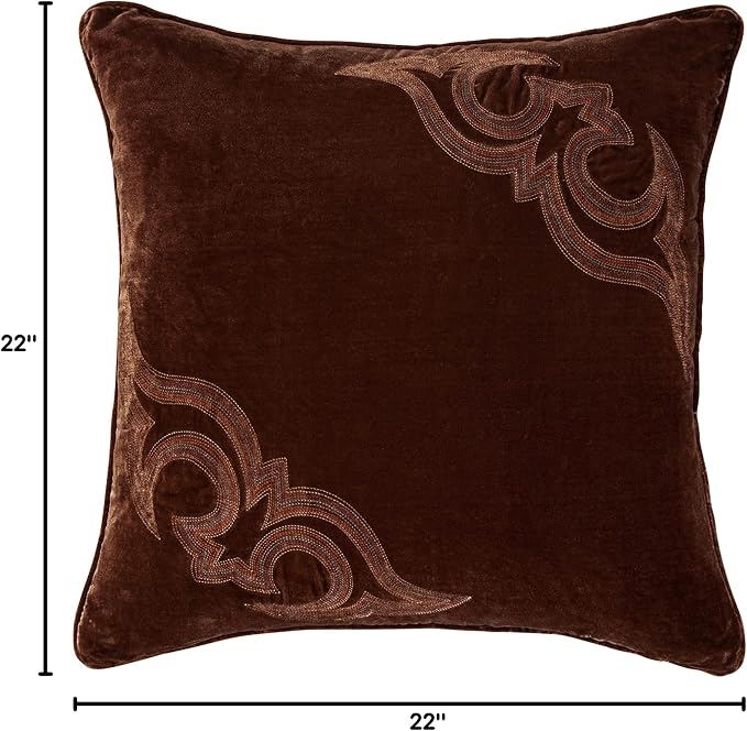 HiEnd Accents Stella Faux Silk Velvet Boot Stitch Pillow, 22x22 inch, Copper Brown, Romantic Western Modern Traditional Style Luxury Bedding, Decorative Throw Pillow