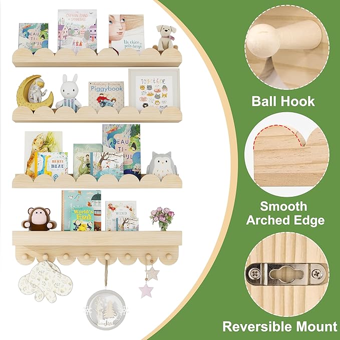 24 Inch Floating Shelves for Wall, 4-Pack Nursery Book Shelves with Hooks, Scalloped Shelves, Wall Book Shelves for Kids Room, Toddler Room, Baby Room, Nursery Decor