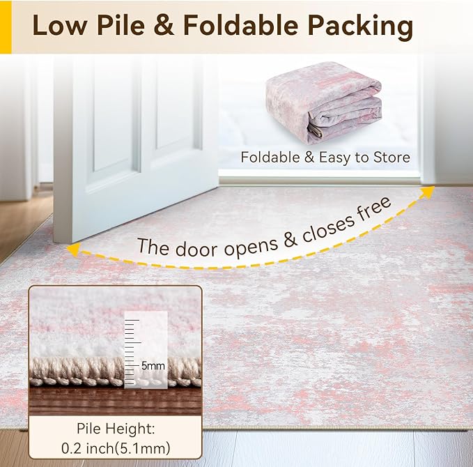 RELEANY Washable Area Rugs 4'x5' Non-Slip Modern Abstract Soft for Living Room Entryway Bedroom Nursery, Print Pattern, Grey Pink