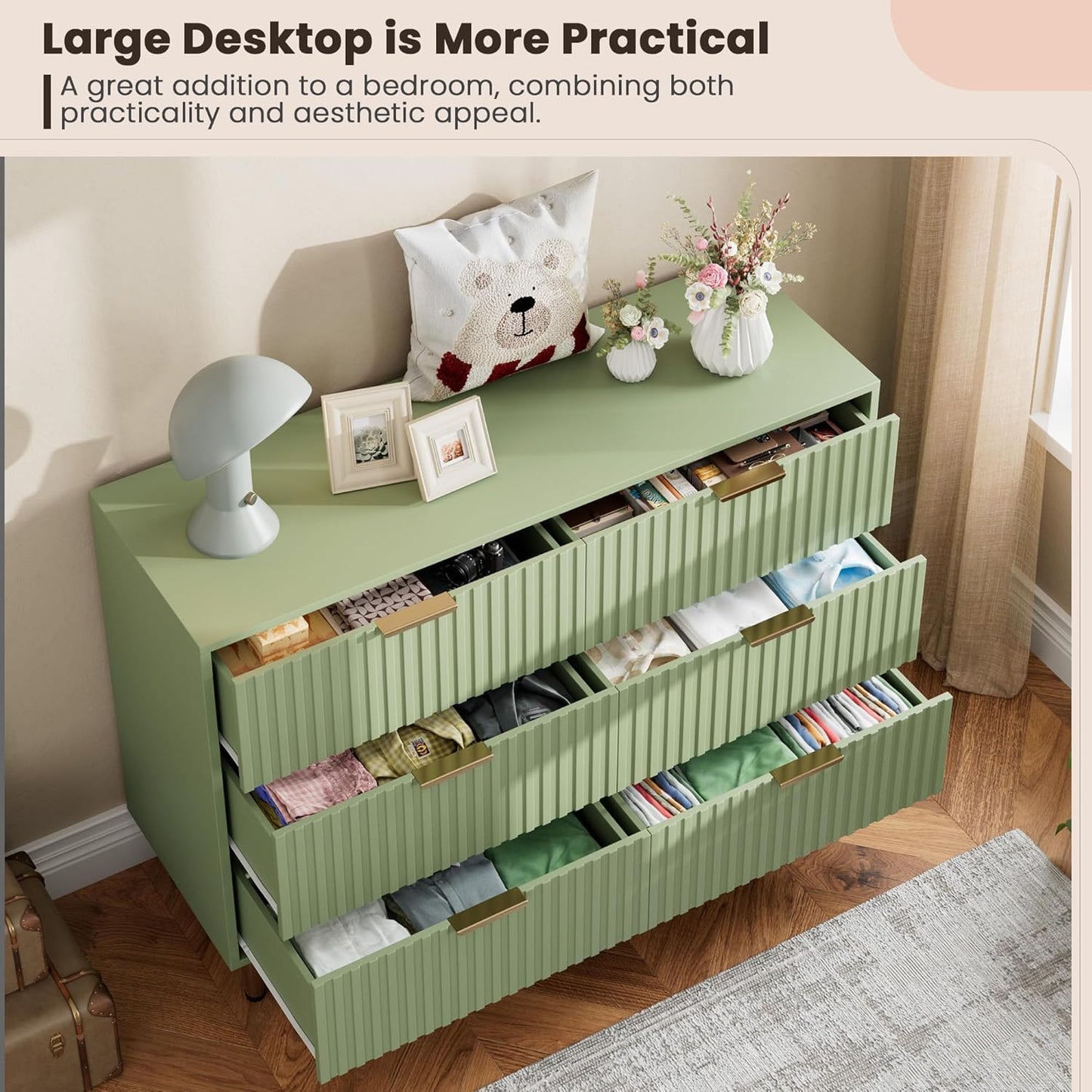 Green 6 Drawer Dresser for Bedroom, Fluted 47.2" Wide Modern Chest of Drawers with Deep Drawers, Long Large Double Dresser TV Stand for Living Room, Hallway, Kids Room