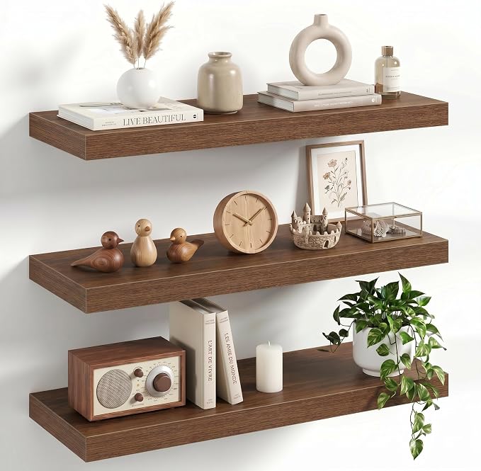 24" Floating Shelves for Wall, Set of 3, 8" Deep, 1.5" Thick, Walnut Finish | Rustic Wood Wall Shelves with Invisible Brackets, Storage and Display for Bathroom, Bedroom, Living Room or Kitchen