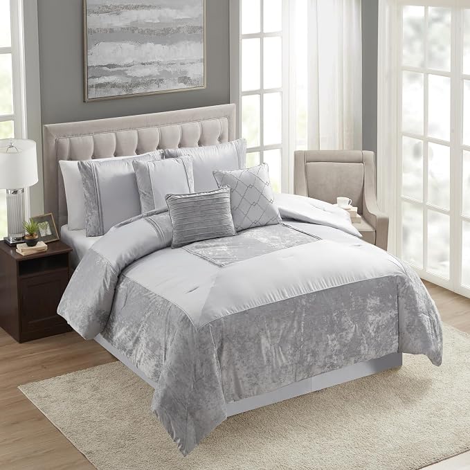 Queen Comforter Set 7 Piece - Ultra-Soft Comforter, 2 Shams, Elegant Bed Skirt, & 3 Decorative Throw Pillows - Luxurious Crushed Velvet Premium Bedding Ensemble for Sophisticated Bedroom Decor, Gray