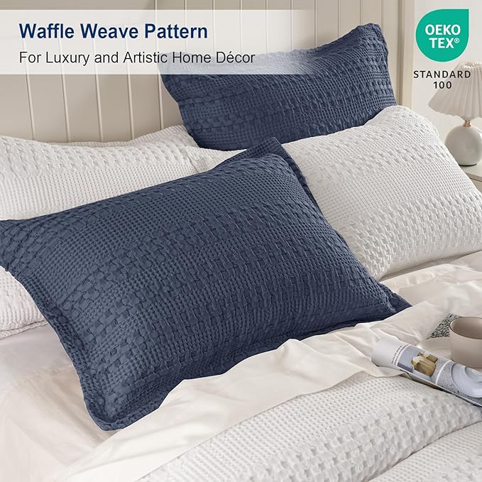 PHF 100% Cotton Ruffle Waffle Pillow Shams King Size, 2 Pack 20" x 36" Soft Skin-Friendly Pillowcases, No Filling, Aesthetic Home Decor, Breathable Waffle Weave Bed Pillow Covers, Indigo